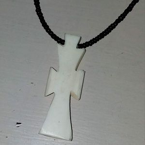 Black Bead & Ivory Cross Necklace